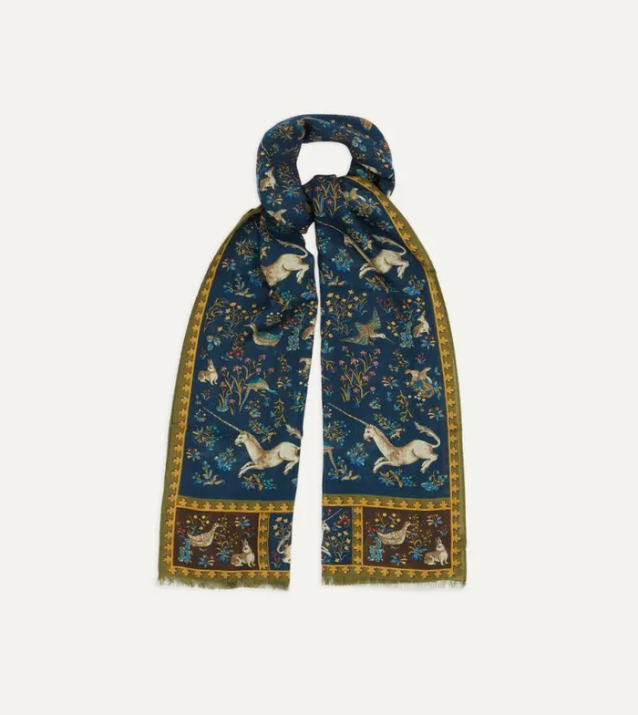 Men Navy Unicorn Print WoolSilk Scarf Drake039s Scarves