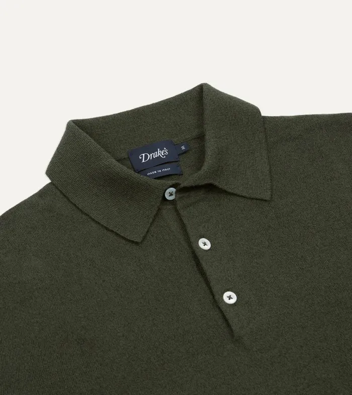 Men Olive Knitted LinenCotton ShortSleeve Polo Shirt Drake039s Knitwear
