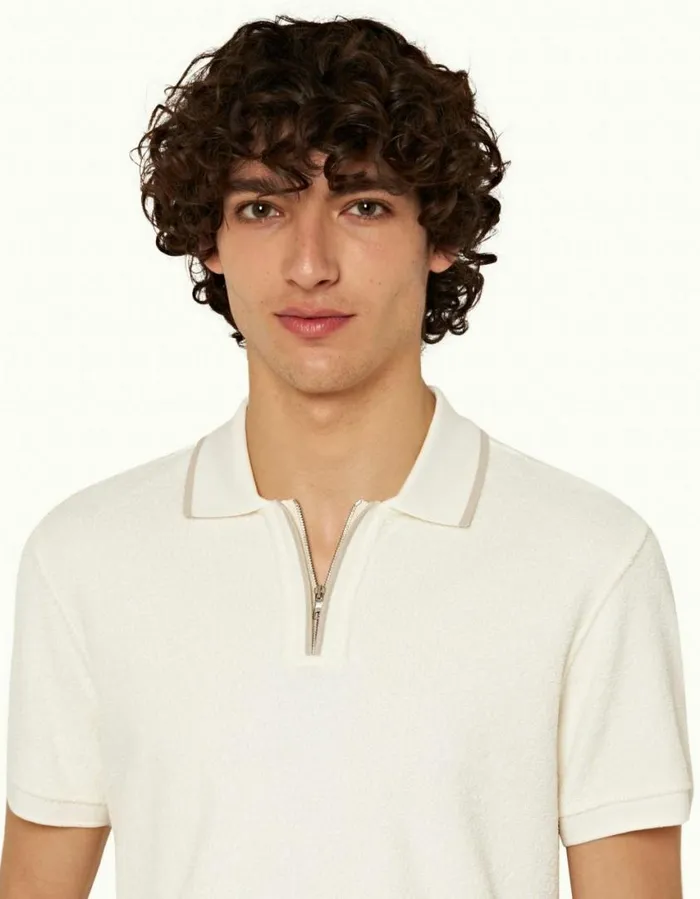 Men Orlebar Brown Polo Shirts Jarrett Towelling White Sand