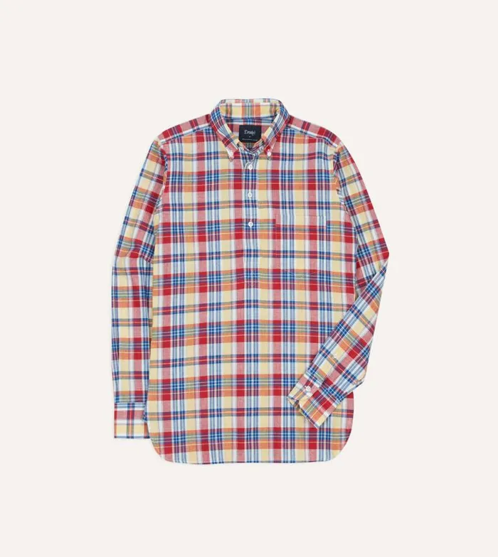 Men Red And Yellow Madras Check Cotton ButtonDown Popover Shirt Drake039s Popover Shirts