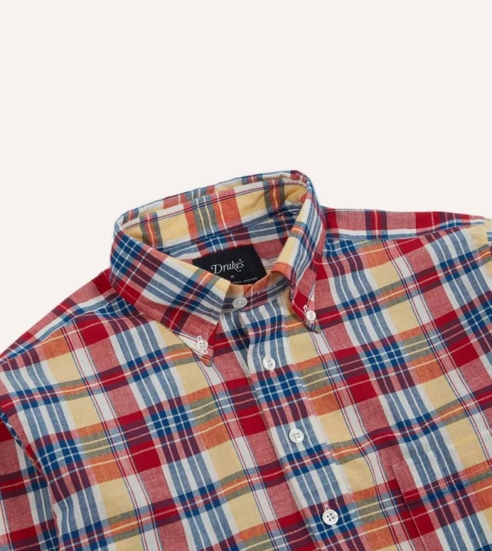 Men Red And Yellow Madras Check Cotton ButtonDown Popover Shirt Drake039s Popover Shirts