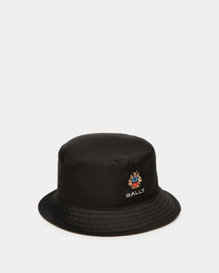 Men Reversible Bucket With Bally Crest Logo In Black And Olive Green Technical Fabric Bally Gloves and Hats