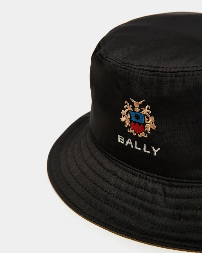 Men Reversible Bucket With Bally Crest Logo In Black And Olive Green Technical Fabric Bally Gloves and Hats
