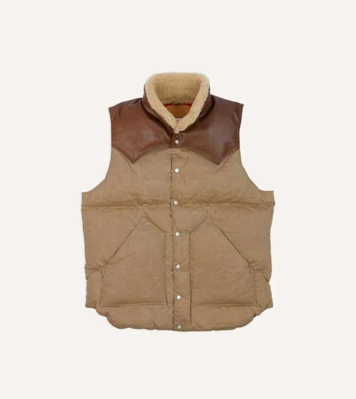 Men Rocky Mountain Featherbed For Drake039s Brown Waxed Cotton Christy Down Vest With Shearling Collar Drake039s Coats and Jackets