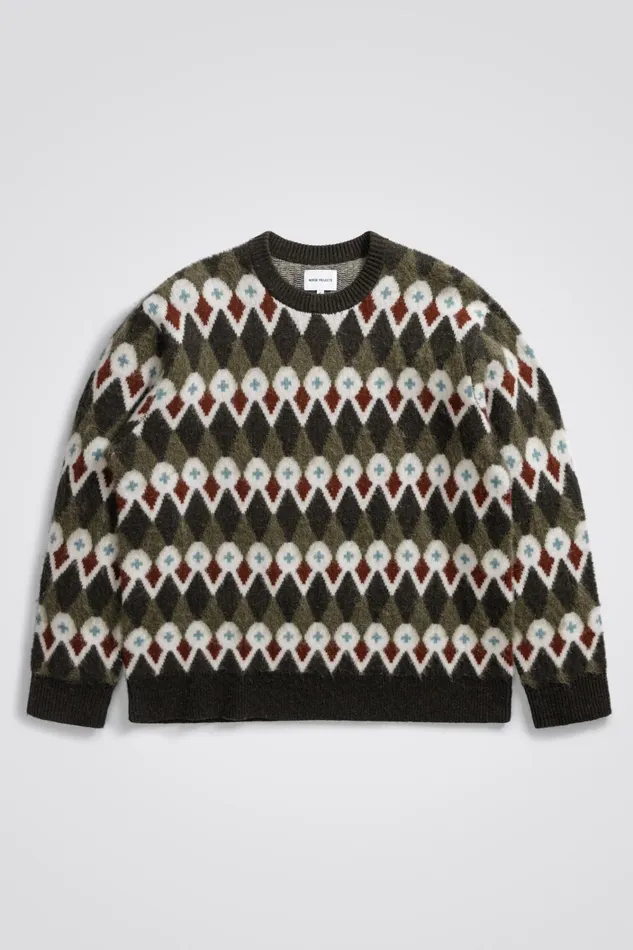 Men Rune Merino Fair Isle Jacquard Sweater Ivy Green Norse Projects Knitwear
