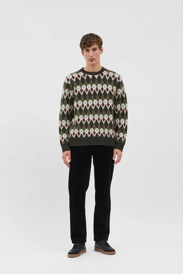 Men Rune Merino Fair Isle Jacquard Sweater Ivy Green Norse Projects Knitwear