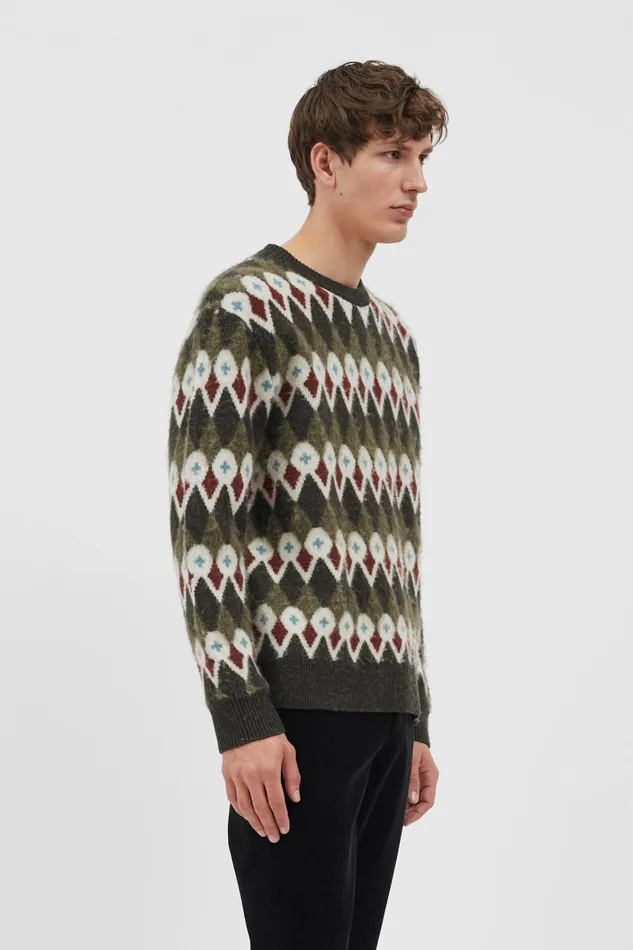 Men Rune Merino Fair Isle Jacquard Sweater Ivy Green Norse Projects Knitwear