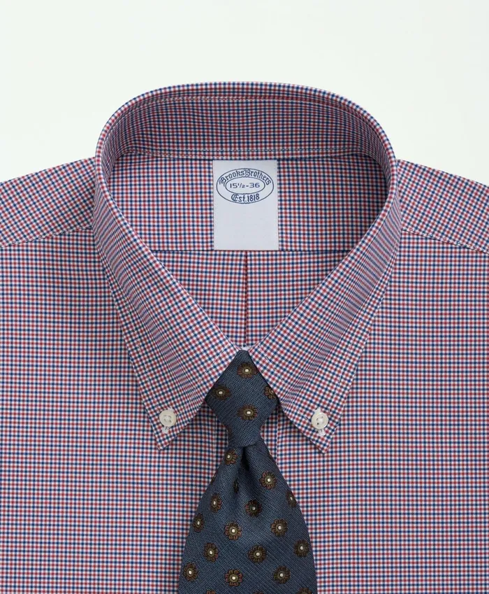 Men Stretch Supima Cotton NonIron Poplin Polo ButtonDown Collar Checked Dress Shirt Dark Red Brooks Brothers Dress Shirts