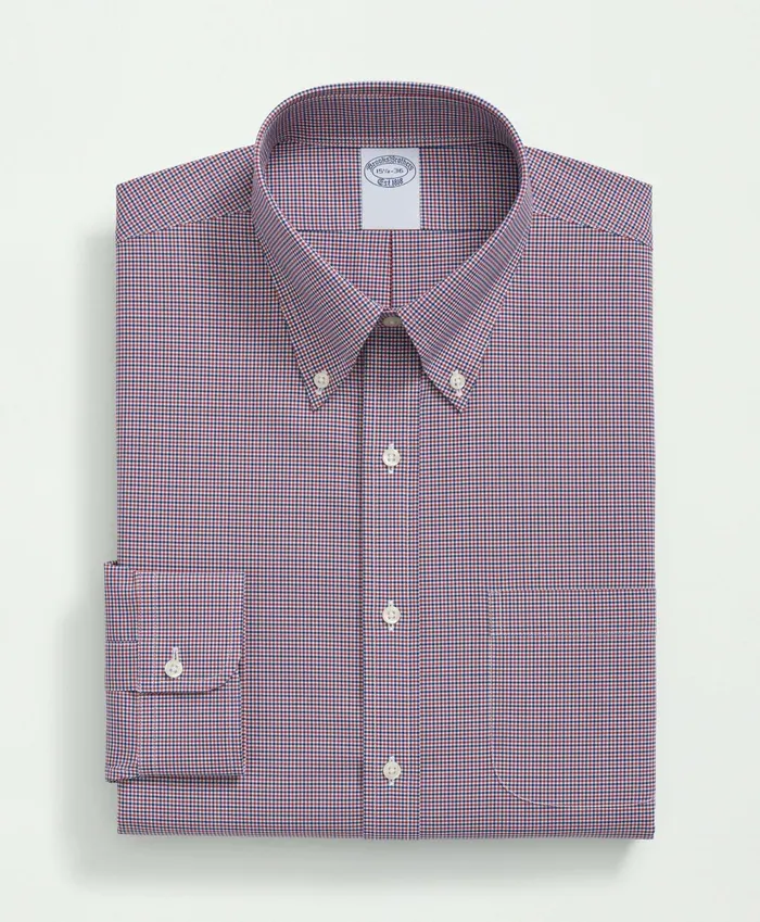 Men Stretch Supima Cotton NonIron Poplin Polo ButtonDown Collar Checked Dress Shirt Dark Red Brooks Brothers Dress Shirts