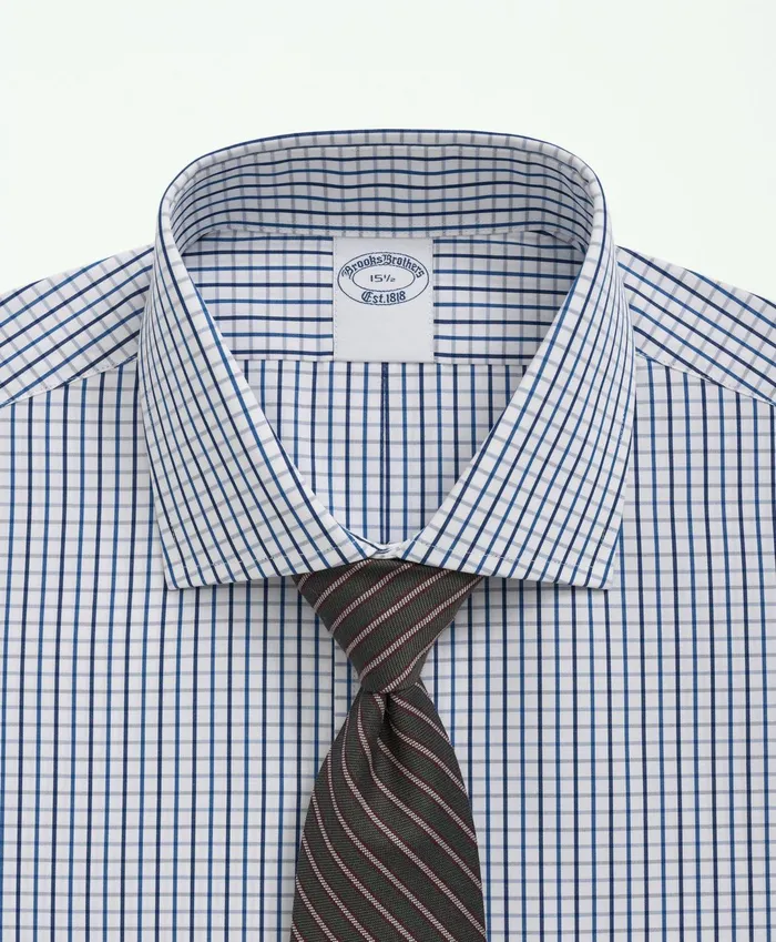 Men Supima Cotton Poplin English Collar Tattersall Dress Shirt Blue Brooks Brothers Dress Shirts