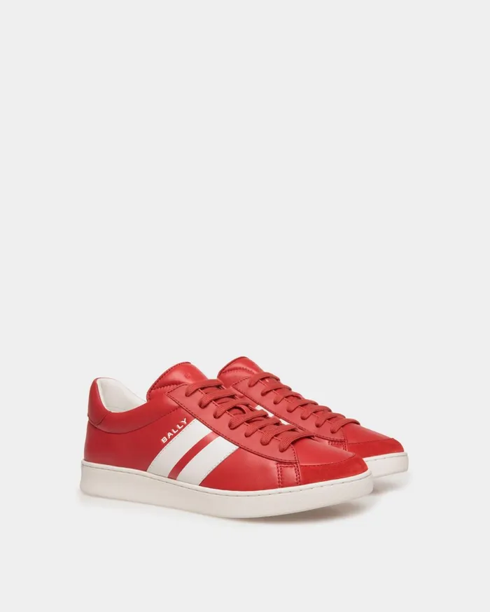 Men Tennis Sneaker In Candy Red And White Leather Bally Sneakers