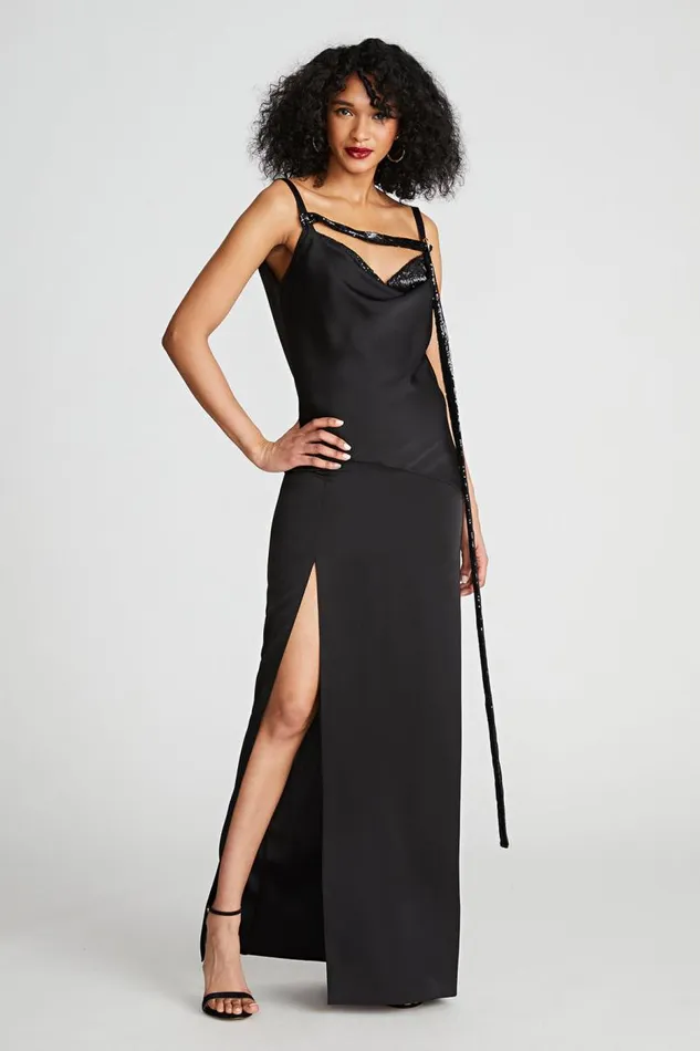 Nomi Gown In Satin and Sequin Black Women Halston Dresses
