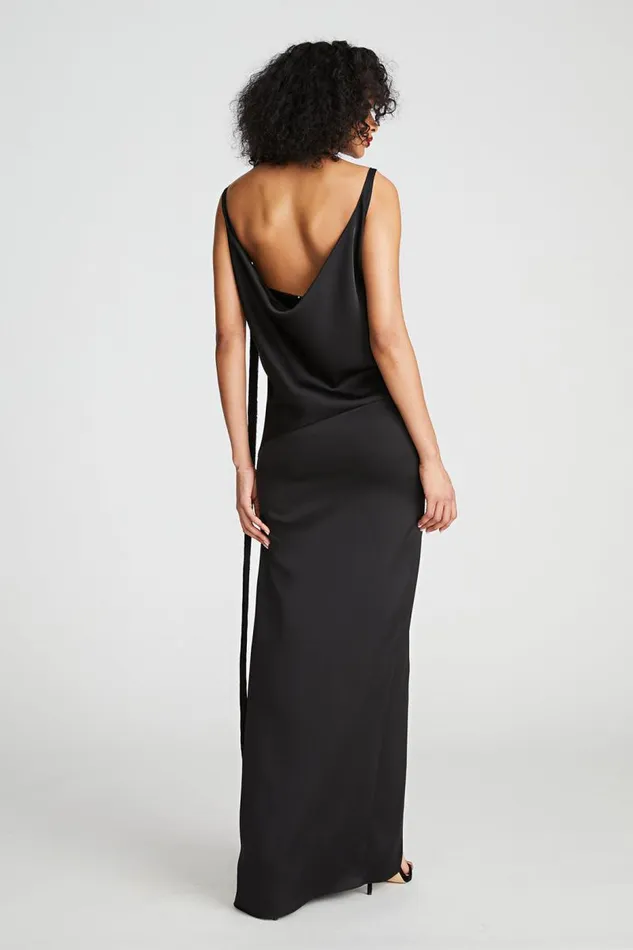 Nomi Gown In Satin and Sequin Black Women Halston Dresses