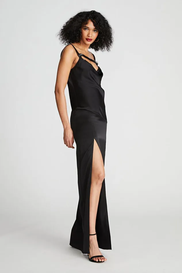 Nomi Gown In Satin and Sequin Black Women Halston Dresses