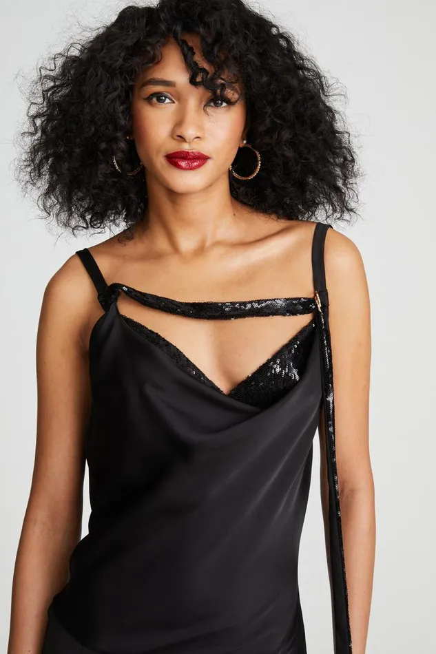Nomi Gown In Satin and Sequin Black Women Halston Dresses