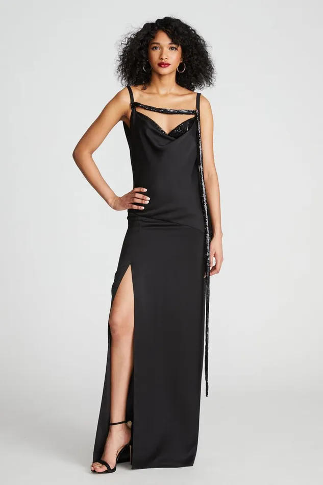 Nomi Gown In Satin and Sequin Black Women Halston Dresses
