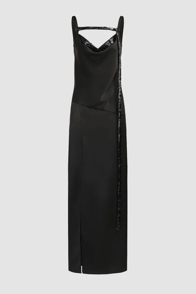 Nomi Gown In Satin and Sequin Black Women Halston Dresses