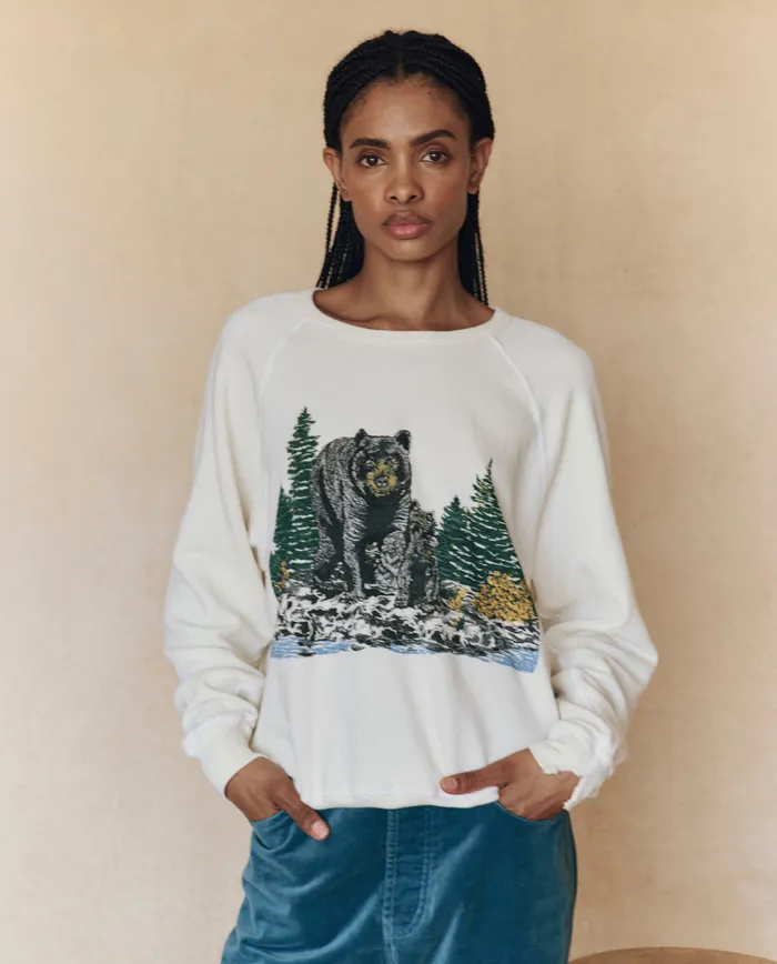 Novelty Tees and Sweats The Great Women The College Sweatshirt Graphic Washed White with Black Bear Graphi