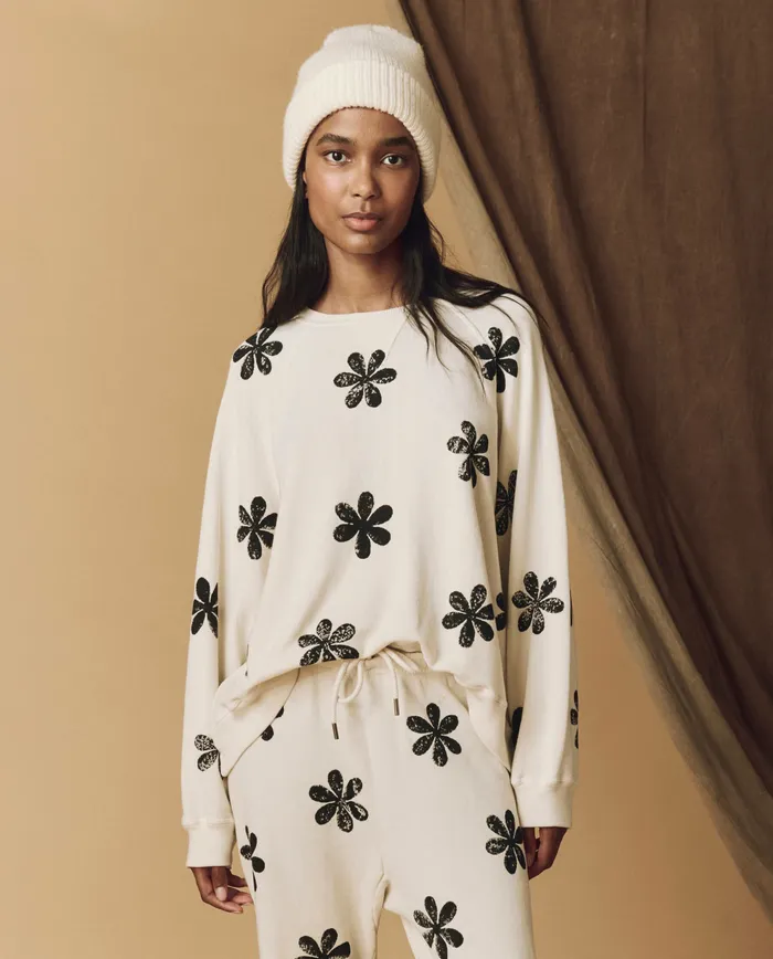 Novelty Tees and Sweats The Hand Stamped Slouch Sweatshirt Washed White with Black Daisy The Great Women