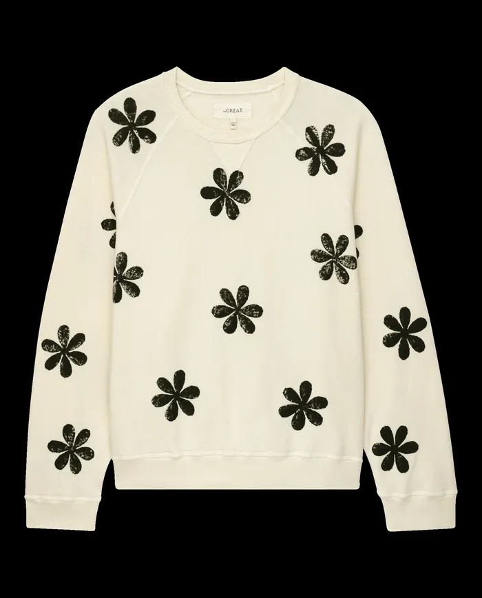 Novelty Tees and Sweats The Hand Stamped Slouch Sweatshirt Washed White with Black Daisy The Great Women Novelty Tees and Sweats The Hand Stamped Slouch Sweatshirt Washed White with Black Daisy The Great Women
