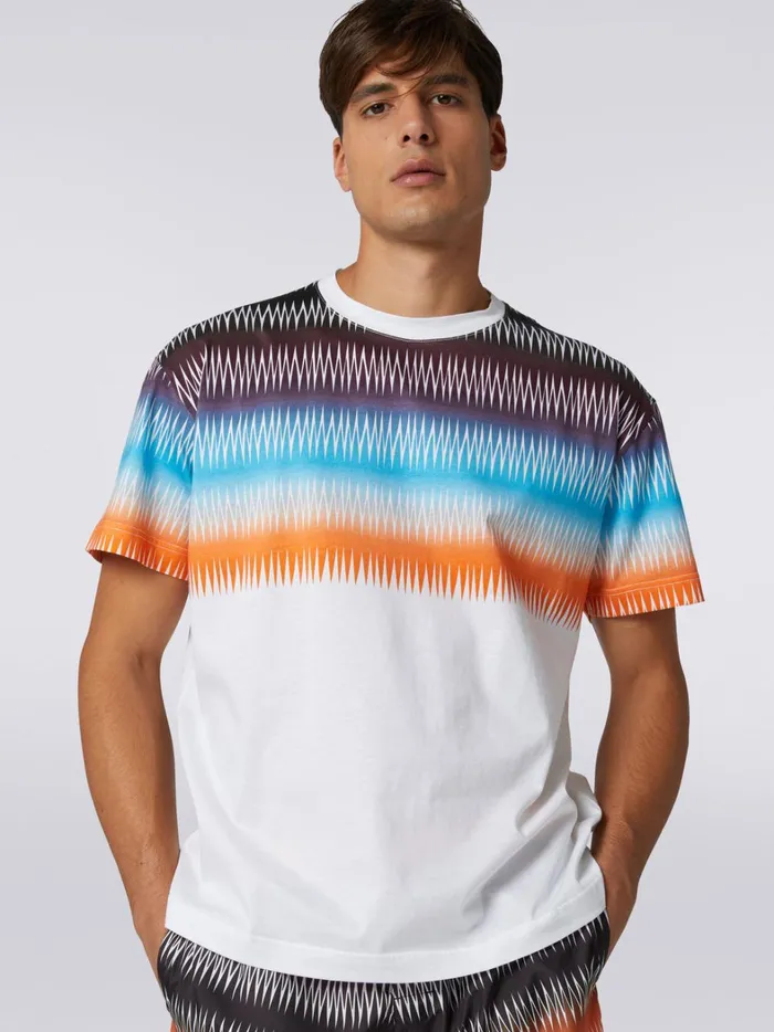 Oversized Cotton CrewNeck TShirt With Dgrad Zigzag Print Multicoloured Men Missoni Polos and Tshirts Oversized Cotton CrewNeck TShirt With Dgrad Zigzag Print Multicoloured Men Missoni Polos and Tshirts