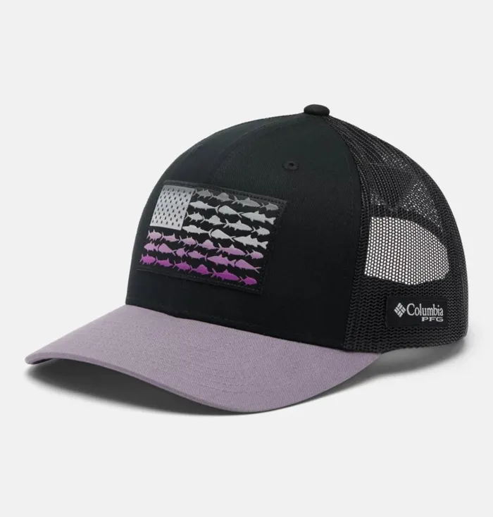 PFG Fish Flag Mesh Snapback 8211 High Crown Black Granite Purple MensWomens Columbia Sportswear Hats PFG Fish Flag Mesh Snapback 8211 High Crown Black Granite Purple MensWomens Columbia Sportswear Hats
