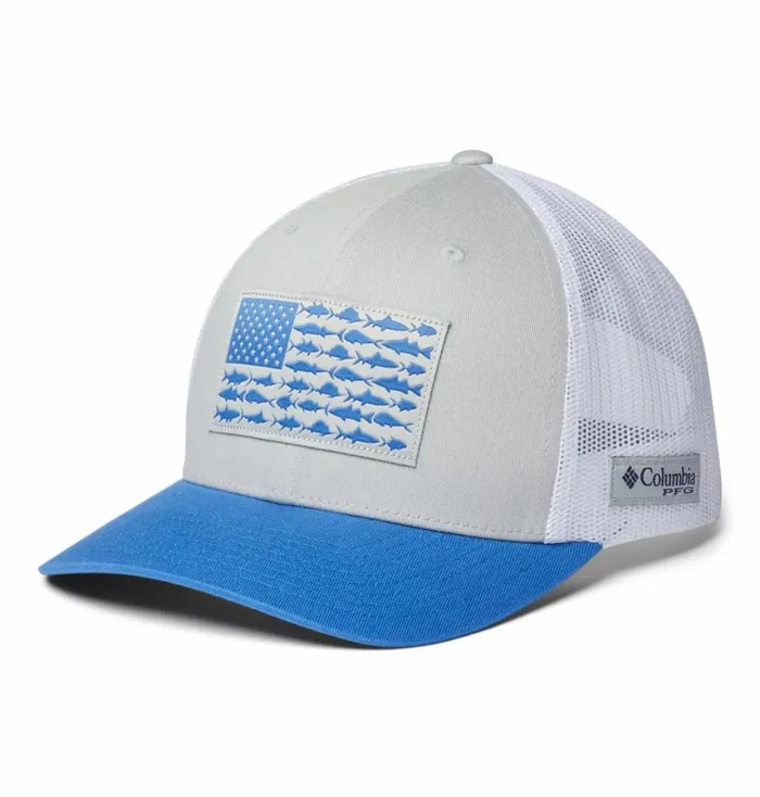 PFG Fish Flag Mesh Snapback 8211 High Crown Cool Grey White Vivid Blue MensWomens Columbia Sportswear Hats PFG Fish Flag Mesh Snapback 8211 High Crown Cool Grey White Vivid Blue MensWomens Columbia Sportswear Hats