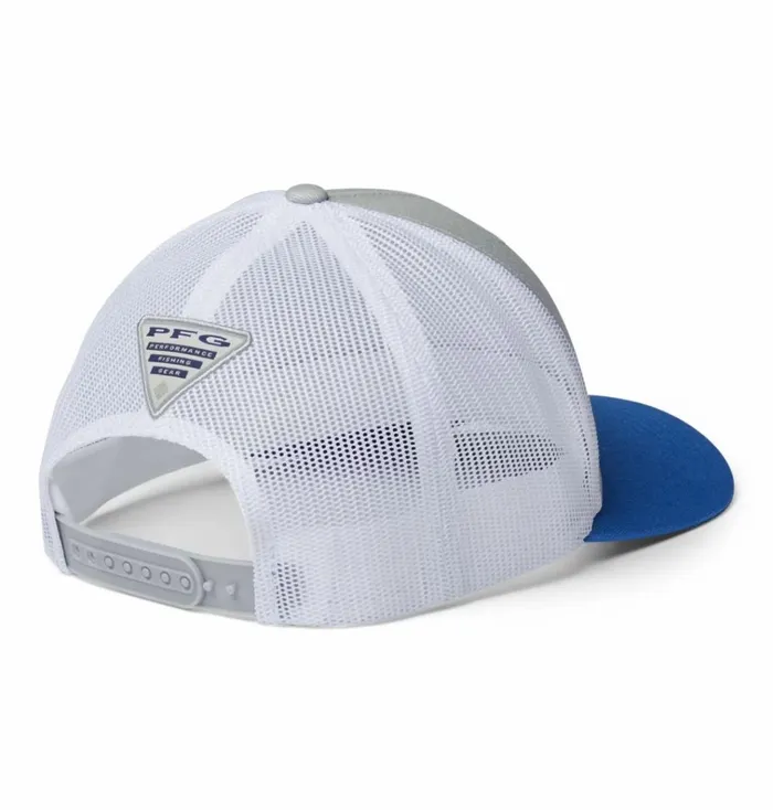 PFG Fish Flag Mesh Snapback 8211 High Crown Cool Grey White Vivid Blue MensWomens Columbia Sportswear Hats PFG Fish Flag Mesh Snapback 8211 High Crown Cool Grey White Vivid Blue MensWomens Columbia Sportswear Hats