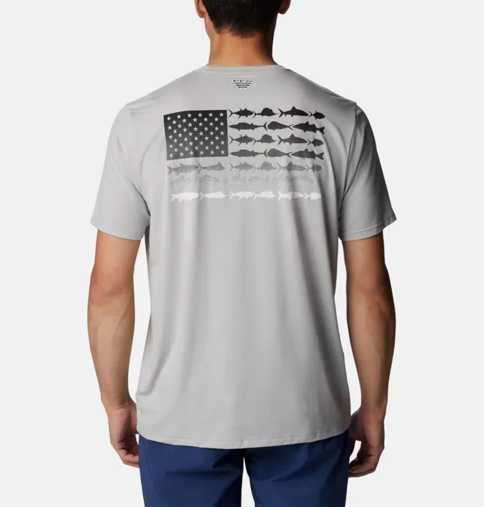 PFG Fish Flag Tech Short Sleeve Shirt Cool Grey Black Gradient Graphic Mens Columbia Sportswear Short Sleeve PFG Fish Flag Tech Short Sleeve Shirt Cool Grey Black Gradient Graphic Mens Columbia Sportswear Short Sleeve