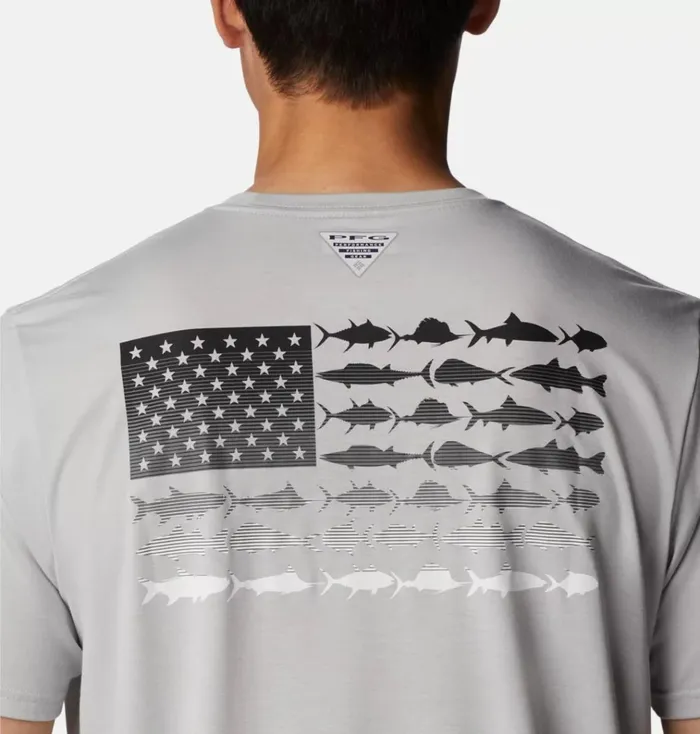PFG Fish Flag Tech Short Sleeve Shirt Cool Grey Black Gradient Graphic Mens Columbia Sportswear Short Sleeve PFG Fish Flag Tech Short Sleeve Shirt Cool Grey Black Gradient Graphic Mens Columbia Sportswear Short Sleeve