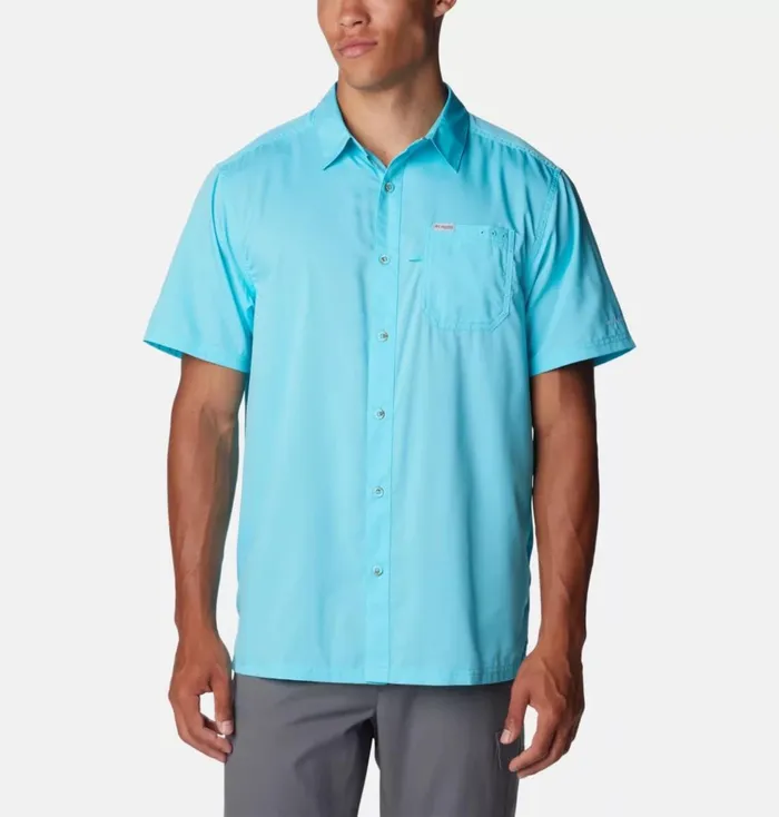PFG Slack Tide Camp Shirt Opal Blue Mens Columbia Sportswear Short Sleeve
