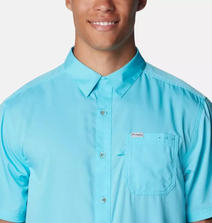 PFG Slack Tide Camp Shirt Opal Blue Mens Columbia Sportswear Short Sleeve