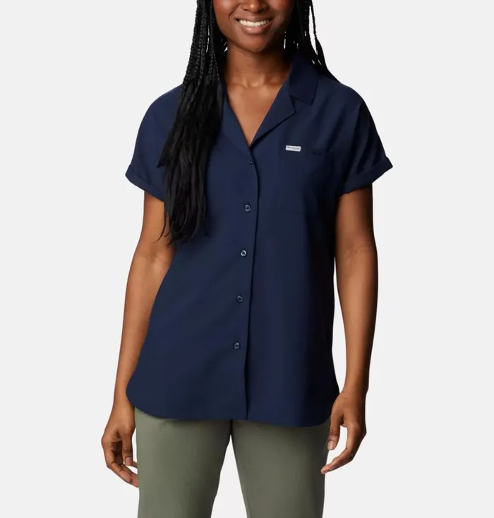 PFG Sun Drifter Woven Short Sleeve Shirt Collegiate Navy Womens Columbia Sportswear Short Sleeve PFG Sun Drifter Woven Short Sleeve Shirt Collegiate Navy Womens Columbia Sportswear Short Sleeve