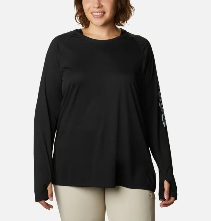 PFG Tidal Tee Hoodie 8211 Plus Size Black Cirrus Grey Logo Womens Columbia Sportswear Long Sleeve PFG Tidal Tee Hoodie 8211 Plus Size Black Cirrus Grey Logo Womens Columbia Sportswear Long Sleeve
