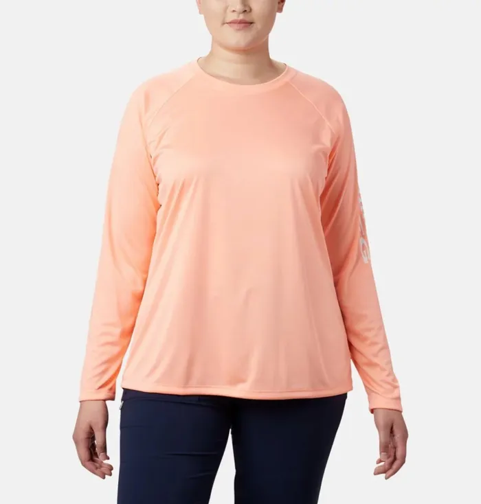 PFG Tidal Tee II Long Sleeve 8211 Plus Size Tiki Pink White Logo Womens Columbia Sportswear Long Sleeve PFG Tidal Tee II Long Sleeve 8211 Plus Size Tiki Pink White Logo Womens Columbia Sportswear Long Sleeve