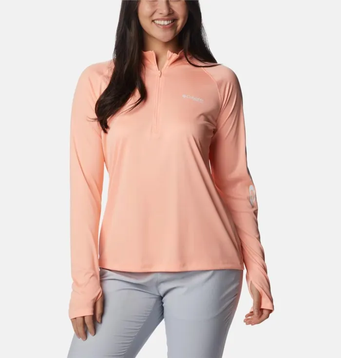 PFG Tidal Tee Quarter Zip Long Sleeve Shirt Tiki Pink White Logo Womens Columbia Sportswear Long Sleeve PFG Tidal Tee Quarter Zip Long Sleeve Shirt Tiki Pink White Logo Womens Columbia Sportswear Long Sleeve