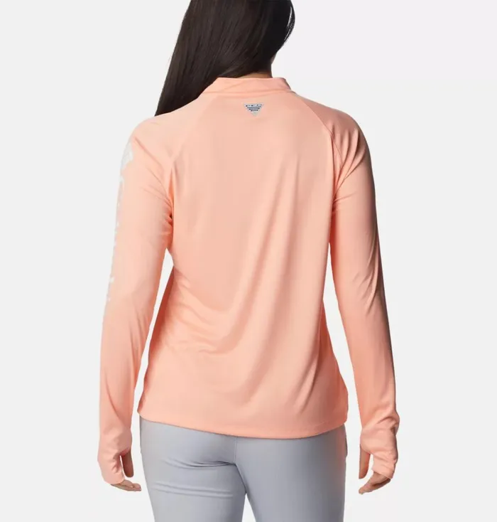 PFG Tidal Tee Quarter Zip Long Sleeve Shirt Tiki Pink White Logo Womens Columbia Sportswear Long Sleeve PFG Tidal Tee Quarter Zip Long Sleeve Shirt Tiki Pink White Logo Womens Columbia Sportswear Long Sleeve