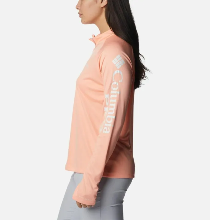 PFG Tidal Tee Quarter Zip Long Sleeve Shirt Tiki Pink White Logo Womens Columbia Sportswear Long Sleeve PFG Tidal Tee Quarter Zip Long Sleeve Shirt Tiki Pink White Logo Womens Columbia Sportswear Long Sleeve