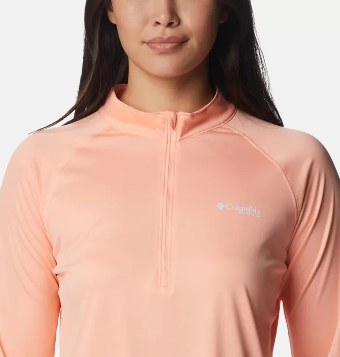 PFG Tidal Tee Quarter Zip Long Sleeve Shirt Tiki Pink White Logo Womens Columbia Sportswear Long Sleeve PFG Tidal Tee Quarter Zip Long Sleeve Shirt Tiki Pink White Logo Womens Columbia Sportswear Long Sleeve