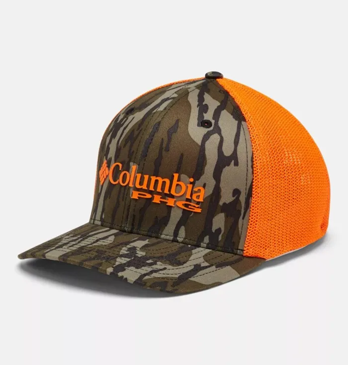 PHG Camo Mesh Ball Cap 8211 High Crown Mossy Oak Bottomland Blaze Orange Logo MensWomens Columbia Sportswear Hats PHG Camo Mesh Ball Cap 8211 High Crown Mossy Oak Bottomland Blaze Orange Logo MensWomens Columbia Sportswear Hats