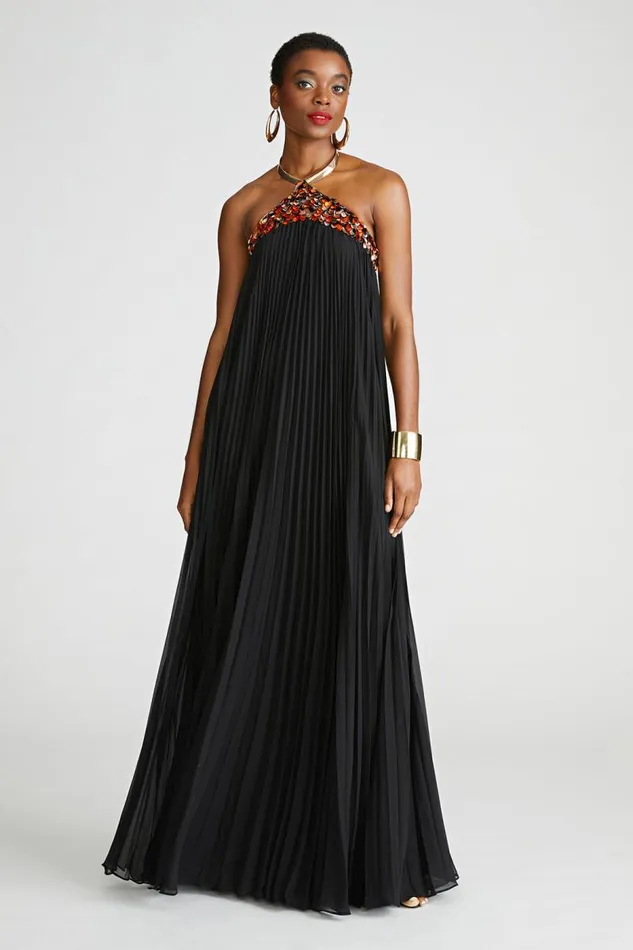 Pythia Gown In Pleated Chiffon Black Women Halston Dresses