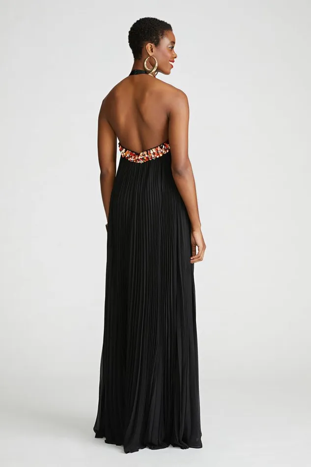 Pythia Gown In Pleated Chiffon Black Women Halston Dresses