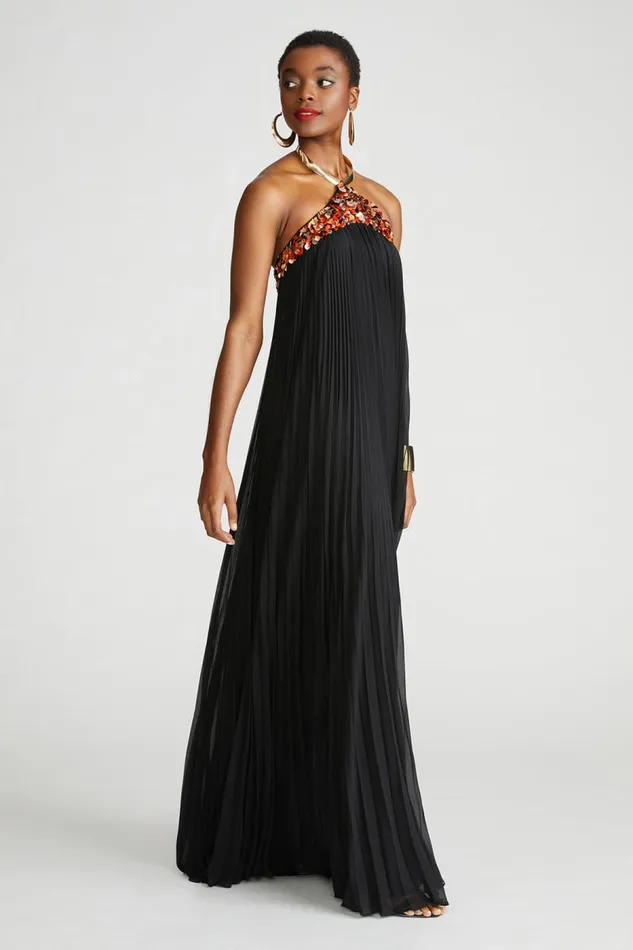 Pythia Gown In Pleated Chiffon Black Women Halston Dresses