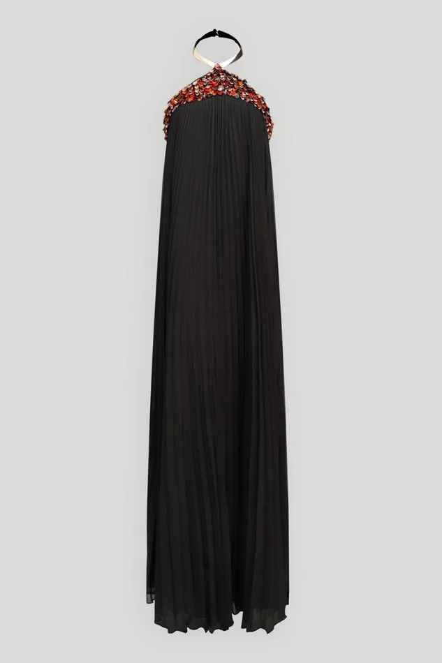 Pythia Gown In Pleated Chiffon Black Women Halston Dresses