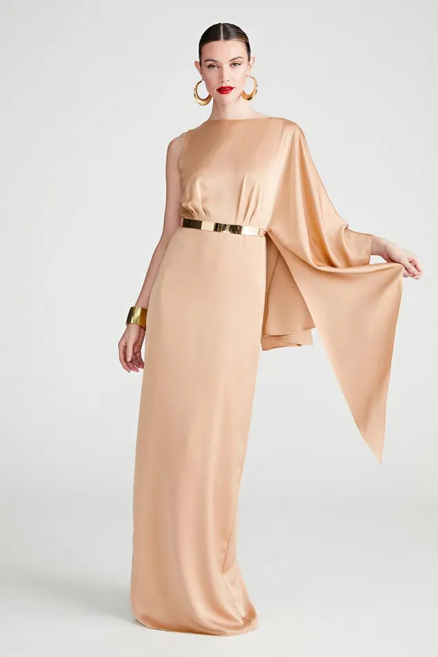 Rhiannon Gown In Satin Tan Beige Women Halston Dresses