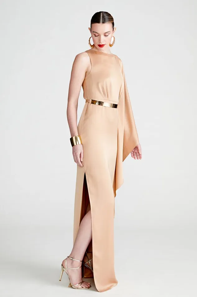Rhiannon Gown In Satin Tan Beige Women Halston Dresses