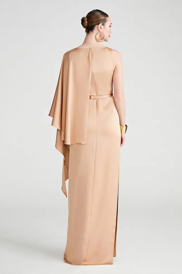 Rhiannon Gown In Satin Tan Beige Women Halston Dresses
