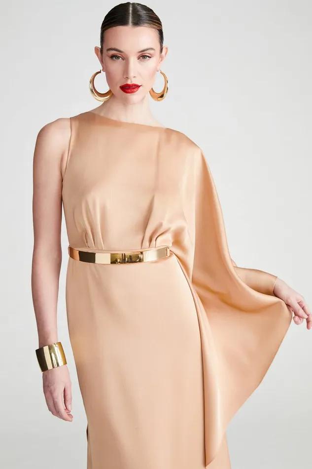 Rhiannon Gown In Satin Tan Beige Women Halston Dresses