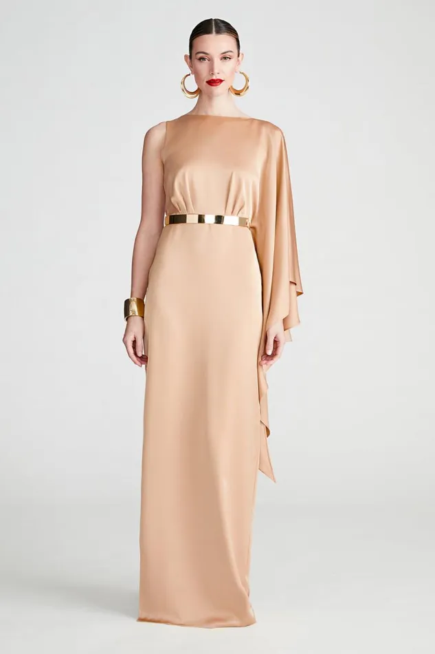Rhiannon Gown In Satin Tan Beige Women Halston Dresses