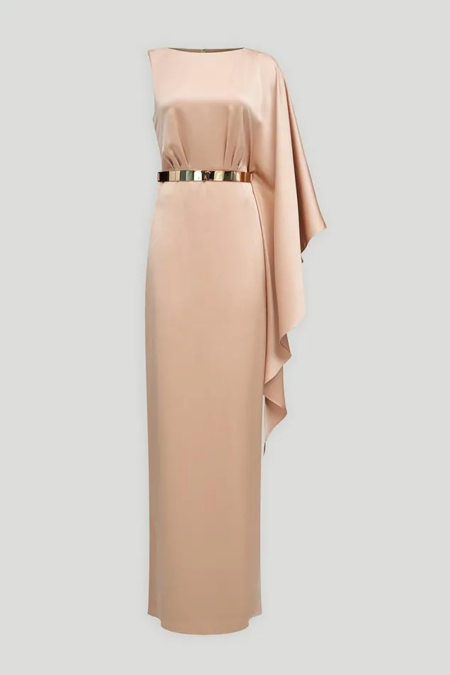 Rhiannon Gown In Satin Tan Beige Women Halston Dresses